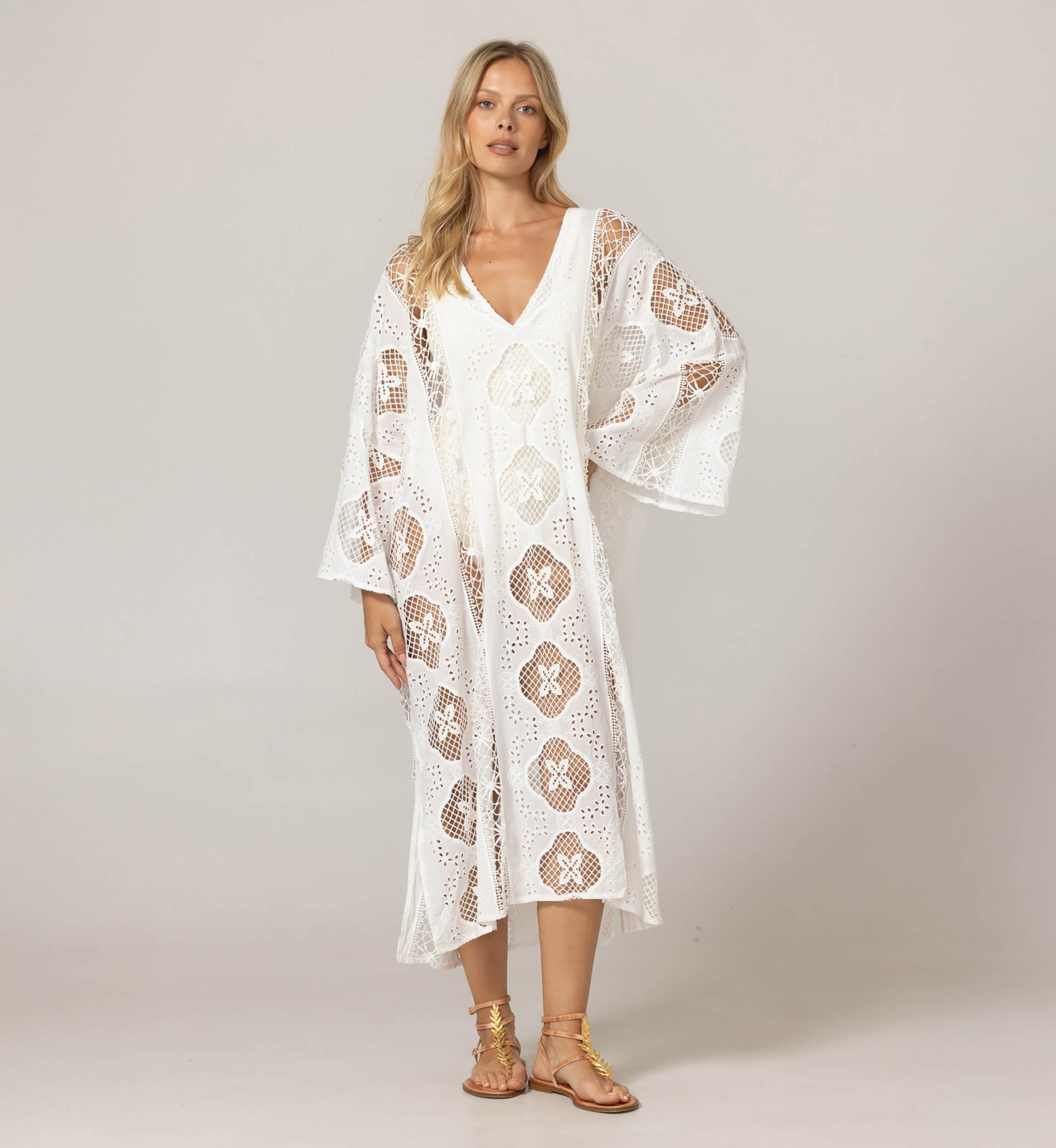 Caftan longo Eden branco - Bordado inglês - 100% algodão - Miss June Paris - 3