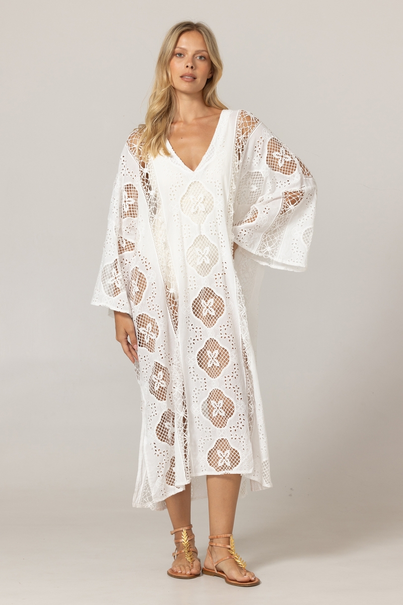 Caftan longo Eden branco - Bordado inglês - 100% algodão - Miss June Paris - 3