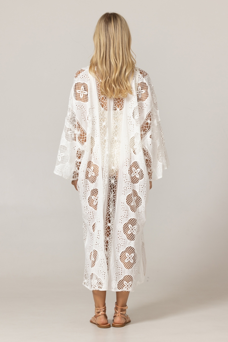 Caftan longo Eden branco - Bordado inglês - 100% algodão - Miss June Paris - 4