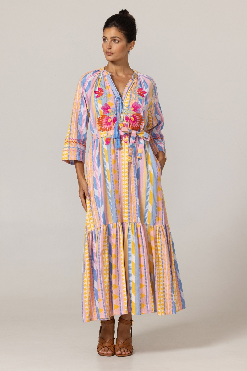 Vestido Longo Naya - Listras Pastel - Plastrão com Bordados Florais - 100% Algodão - Miss June Paris - 3