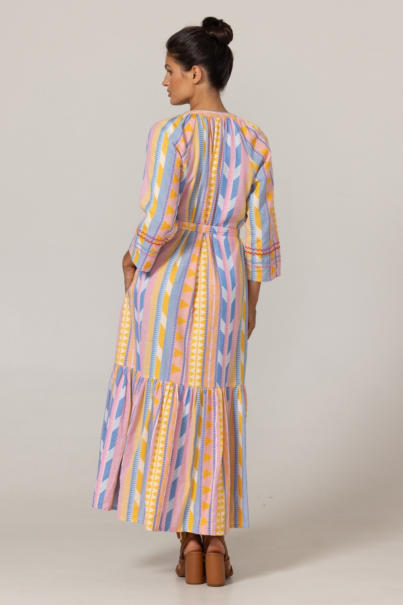 Vestido Longo Naya - Listras Pastel - Plastrão com Bordados Florais - 100% Algodão - Miss June Paris - 4