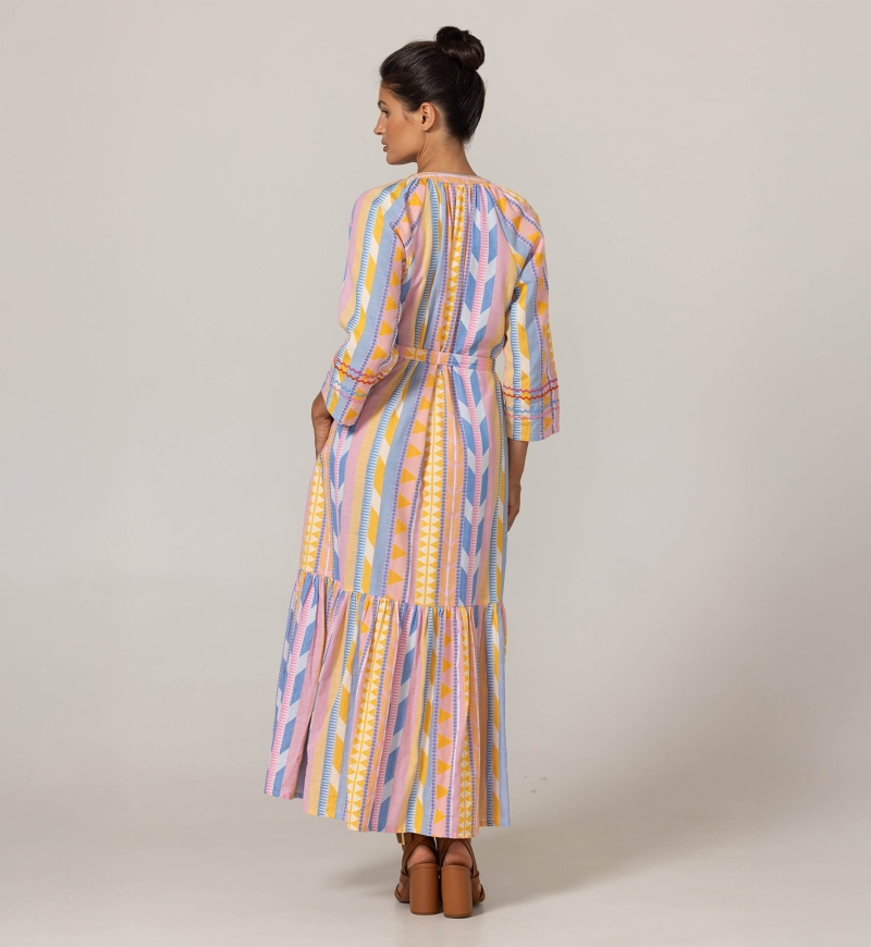 Naya Long Dress - Pastel Stripes - Floral Embroidery Yoke - 100% Cotton - Miss June Paris - 4