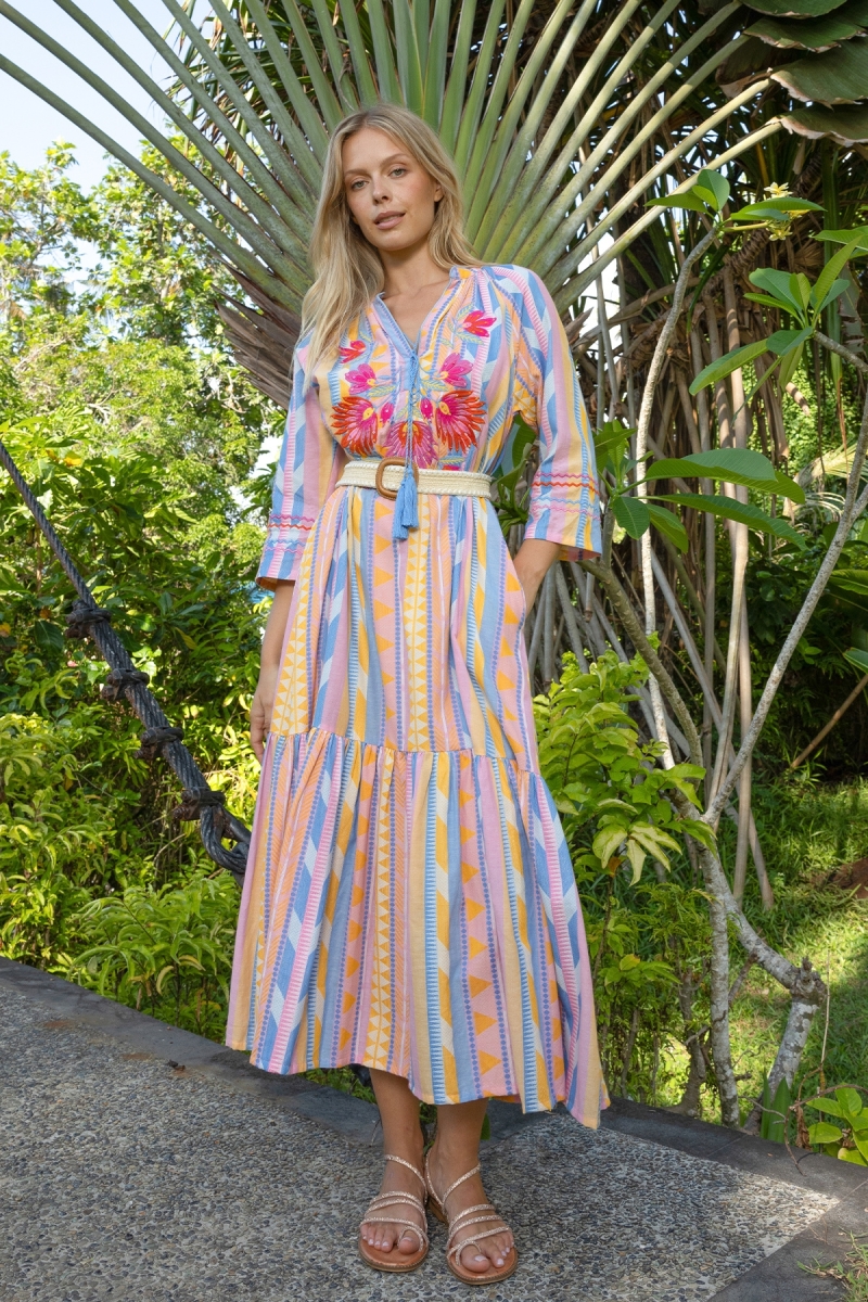 Vestido Largo Naya - Rayas Pastel - Yugo con Bordados Florales - 100% Algodón - Miss June Paris - 2