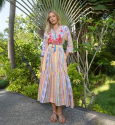 Naya Long Dress - Pastel Stripes - Floral Embroidery Yoke - 100% Cotton - Miss June Paris - 2