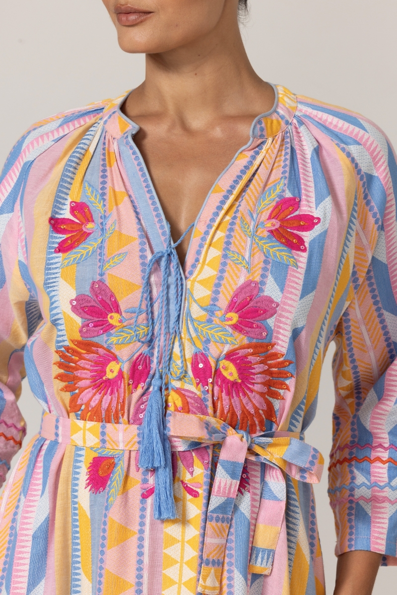 Vestido Largo Naya - Rayas Pastel - Yugo con Bordados Florales - 100% Algodón - Miss June Paris - 5