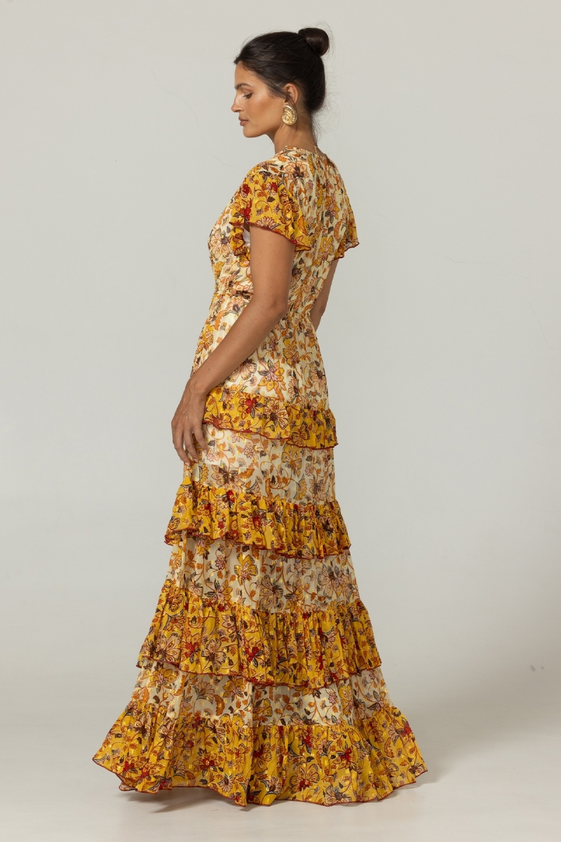 Vestido largo Raya - Enlace para atar - Volantes aireados - Motivos florales - Miss June Paris - 4