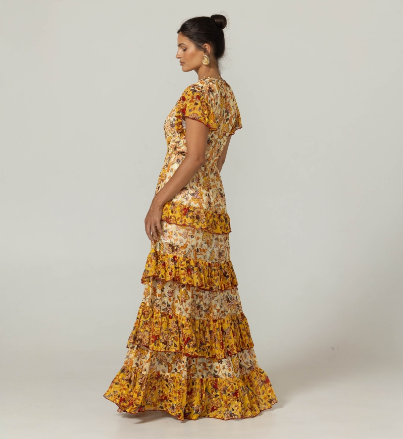 Vestido longo Raya - Laço para amarrar - Babados leves - Padrões florais - Miss June Paris - 4