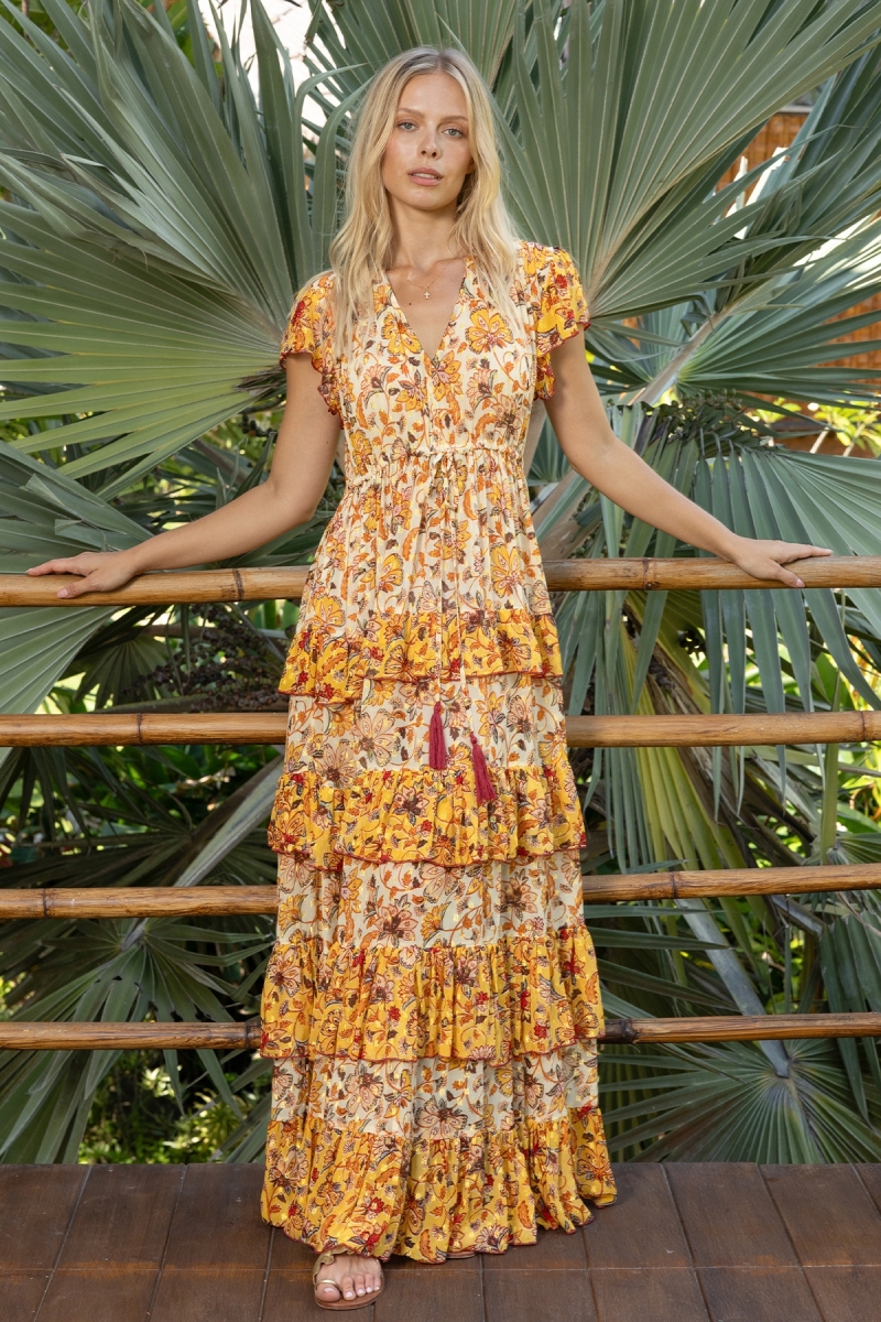 Vestido longo Raya - Laço para amarrar - Babados leves - Padrões florais - Miss June Paris - 1