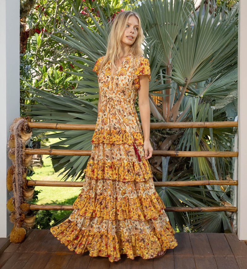 Vestido longo Raya - Laço para amarrar - Babados leves - Padrões florais - Miss June Paris - 2