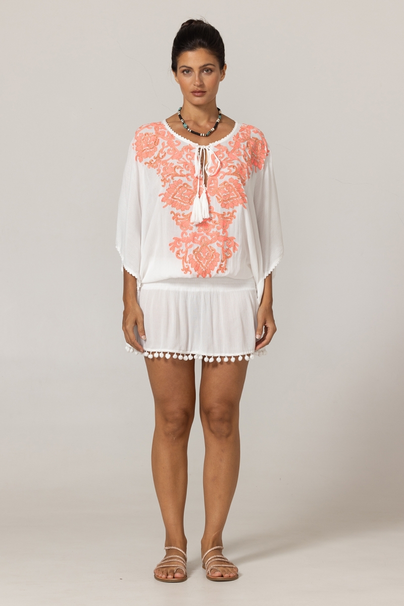 Vestido Curto Natalya: branca - peitoral decorado com pérolas em forma de tubo - rosa/neon - mini vestido - Miss June Paris - 3