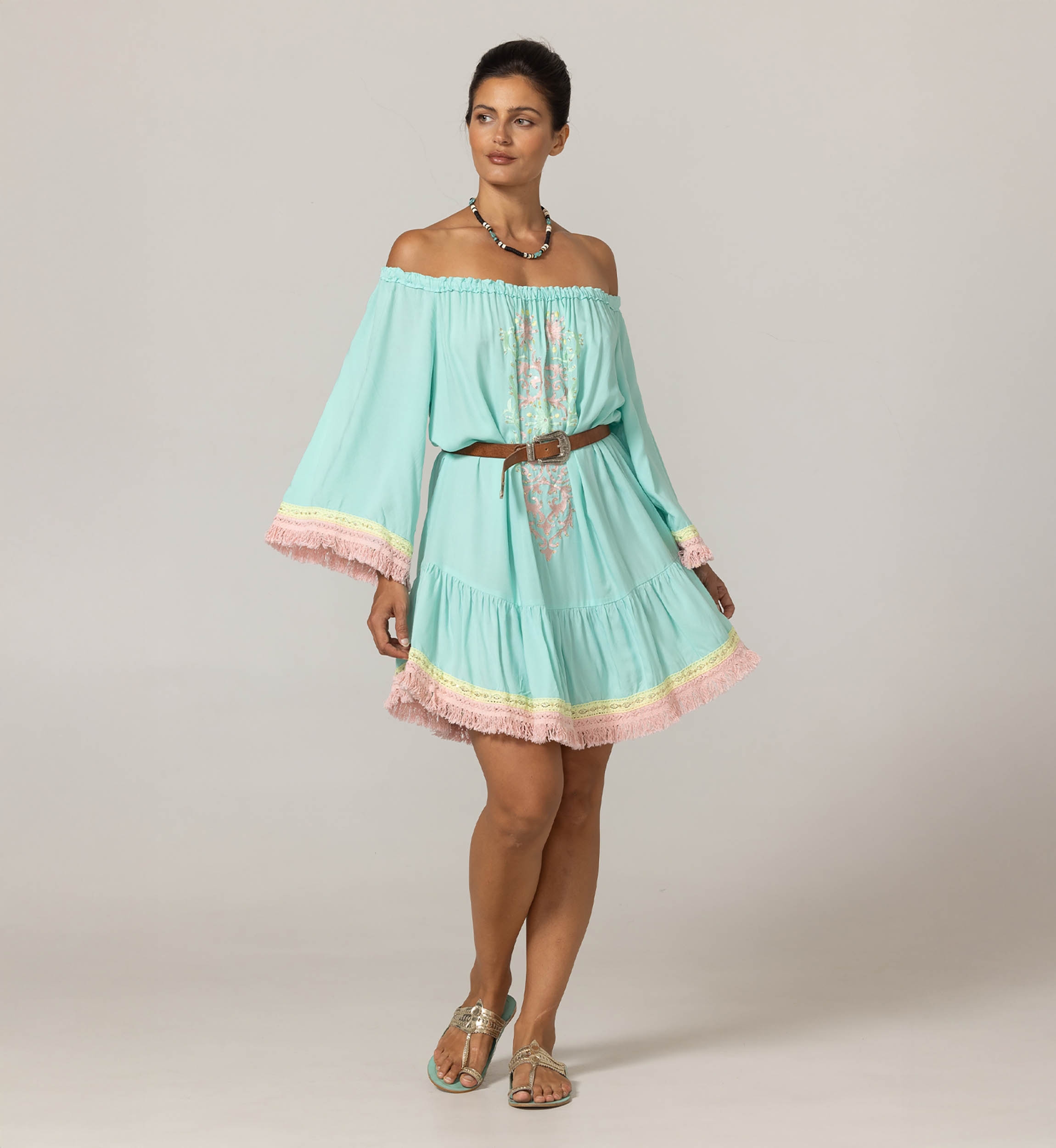 Azra Short Dress: aqua - embroidered bib - off-shoulder - 100% Modal - cotton fringes - Miss June Paris - 3