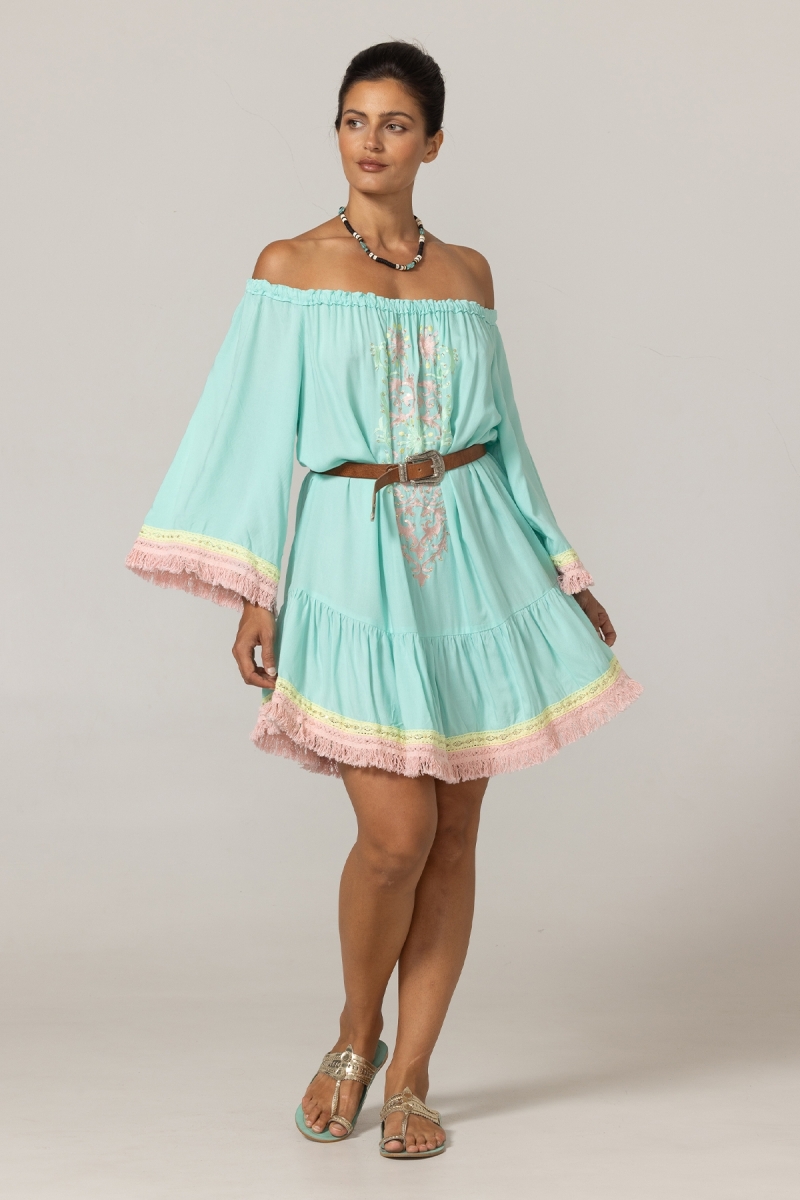Vestido Corto Azra: aqua - pechera bordada - hombros descubiertos - 100% Modal - flecos de algodón - Miss June Paris - 3