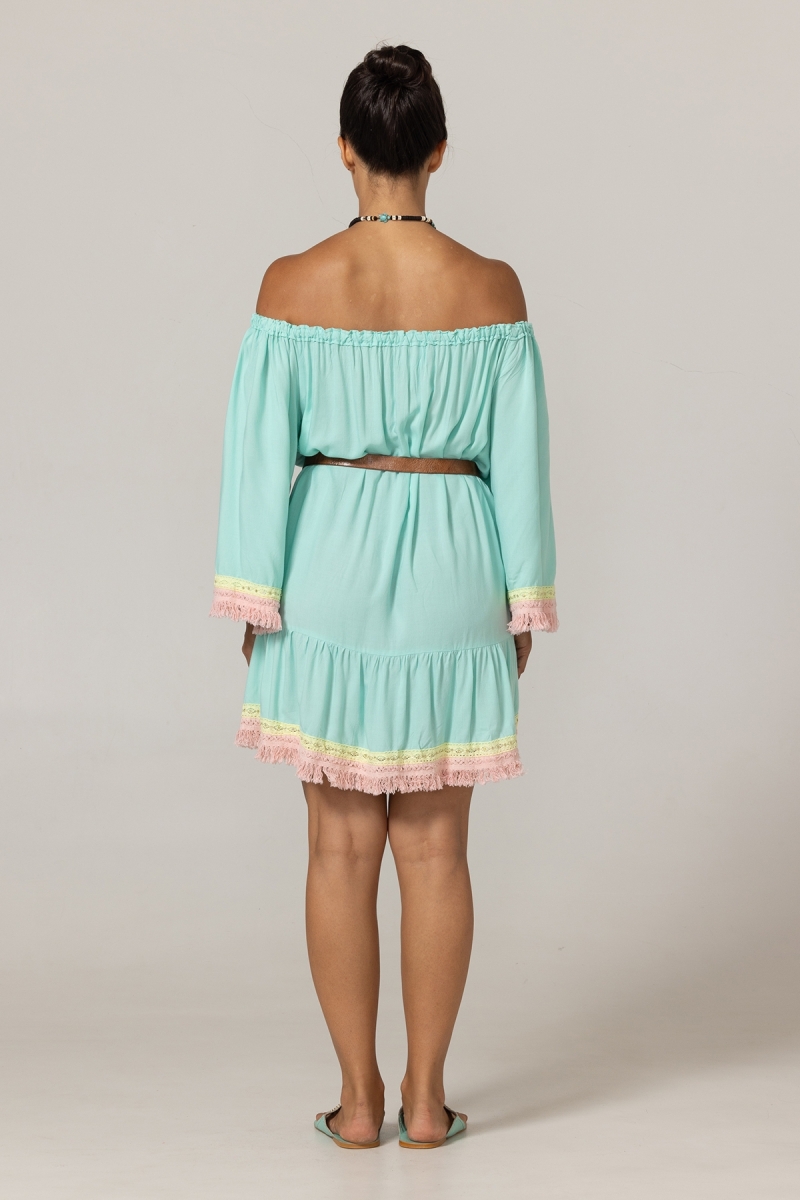 Vestido Curto Azra: aqua - peitoral bordado - ombros à mostra - 100% Modal - franjas de algodão - Miss June Paris - 4