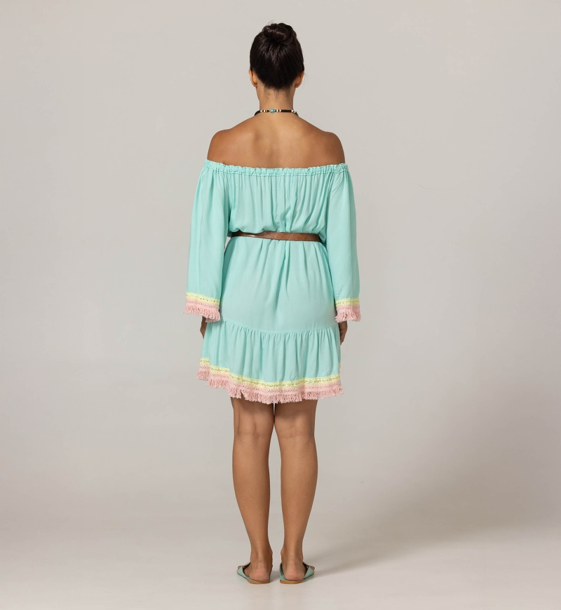 Vestido Corto Azra: aqua - pechera bordada - hombros descubiertos - 100% Modal - flecos de algodón - Miss June Paris - 4