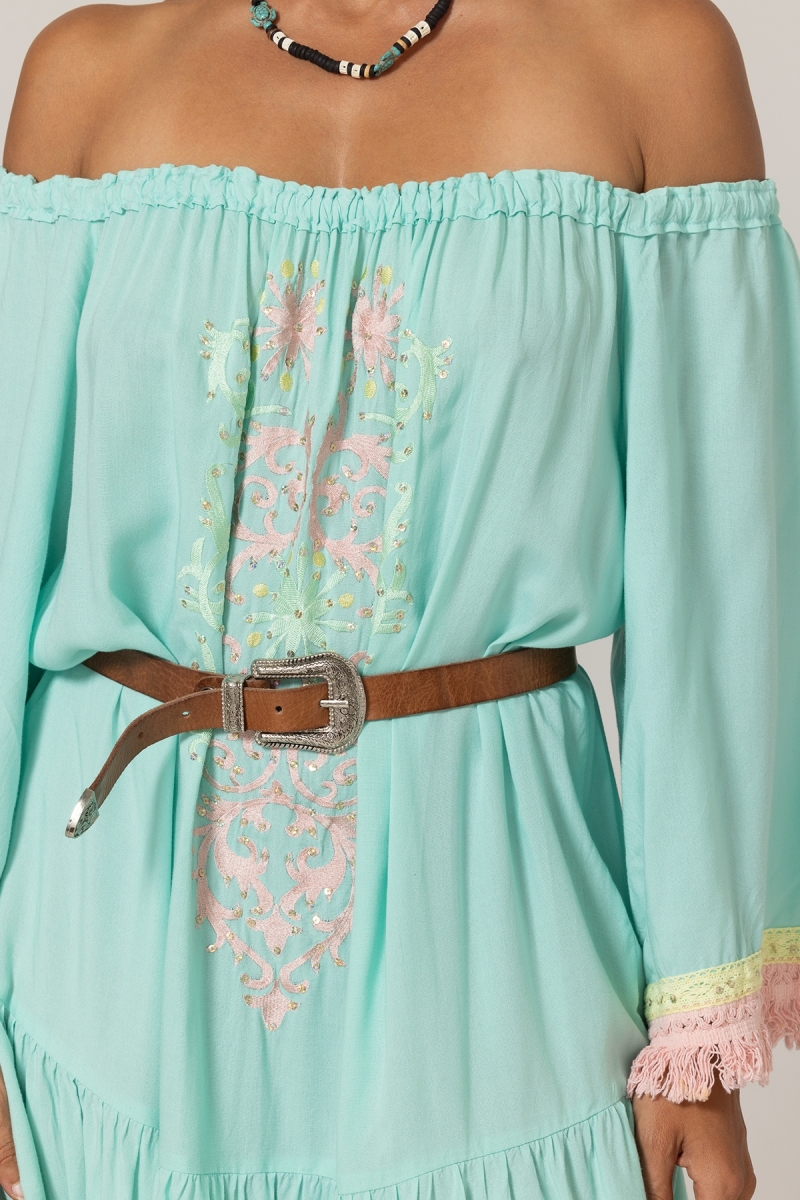 Vestido Corto Azra: aqua - pechera bordada - hombros descubiertos - 100% Modal - flecos de algodón - Miss June Paris - 5