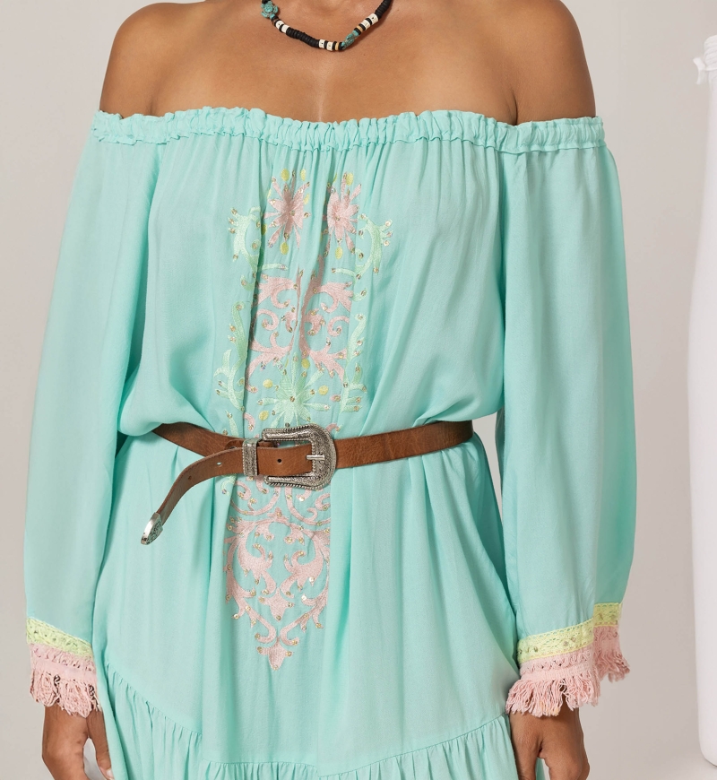 Azra Short Dress: aqua - embroidered bib - off-shoulder - 100% Modal - cotton fringes - Miss June Paris - 5