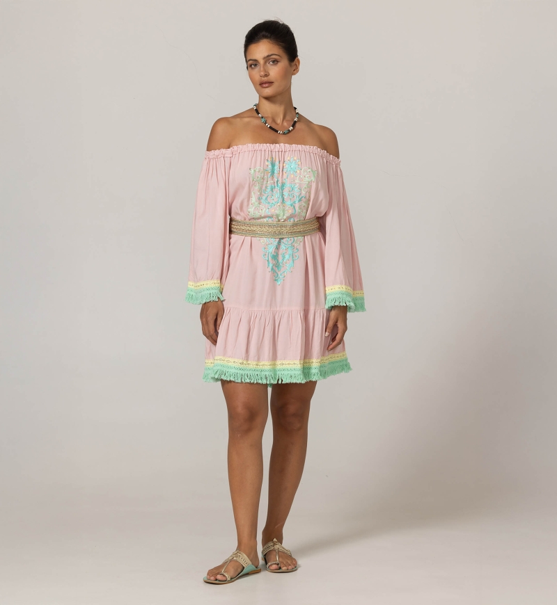 Azra Short Dress: pink - embroidered bib - off-shoulder - 100% Modal - cotton fringes - Miss June Paris - 3
