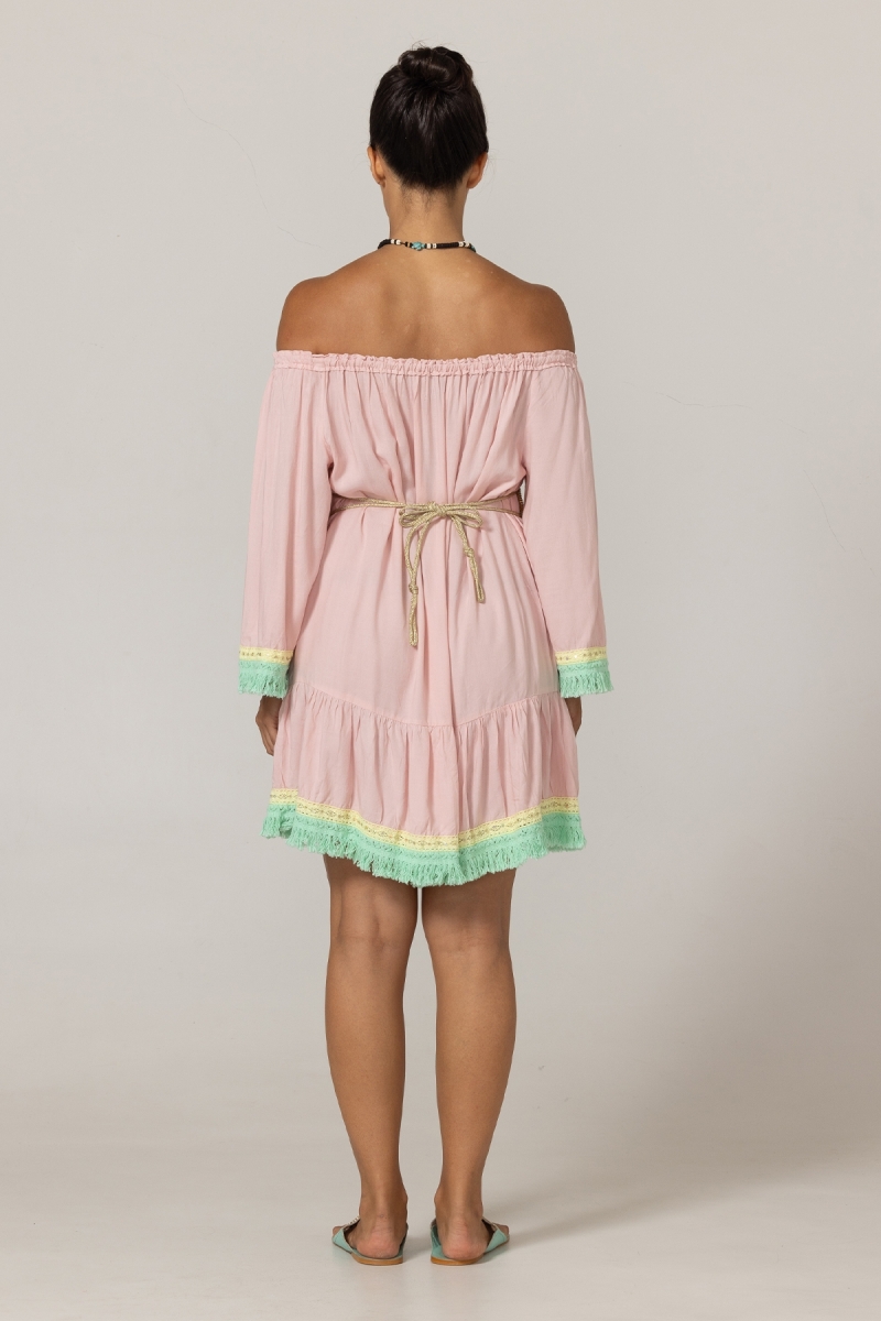 Vestido Curto Azra: rosa - peitoral bordado - ombros à mostra - 100% Modal - franjas de algodão - Miss June Paris - 4