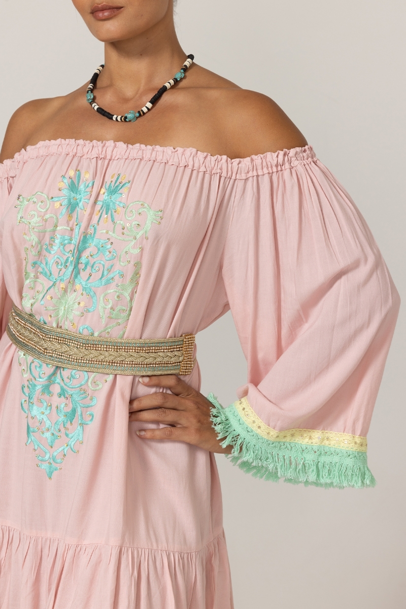 Vestido Curto Azra: rosa - peitoral bordado - ombros à mostra - 100% Modal - franjas de algodão - Miss June Paris - 5
