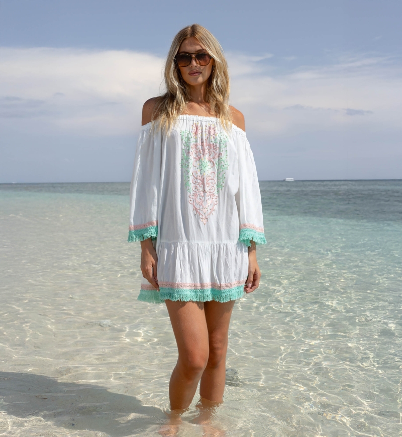 Azra Short Dress: white - embroidered bib - off-shoulder - 100% Modal - cotton fringes - Miss June Paris - 1