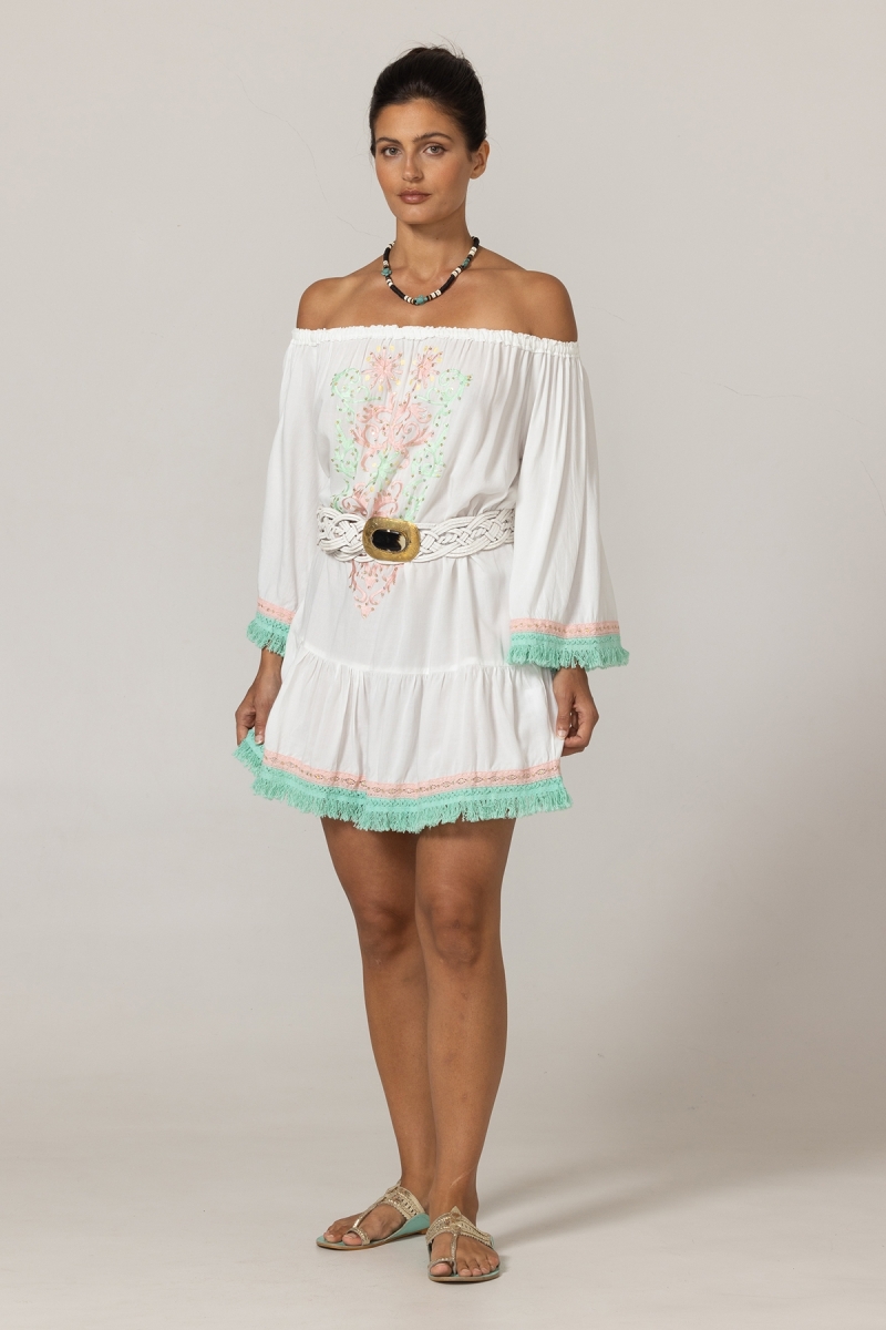 Vestido Curto Azra: branco- peitoral bordado - ombros à mostra - 100% Modal - franjas de algodão - Miss June Paris - 3