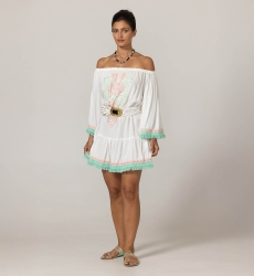 Vestido Curto Azra: branco- peitoral bordado - ombros à mostra - 100% Modal - franjas de algodão - Miss June Paris - 3