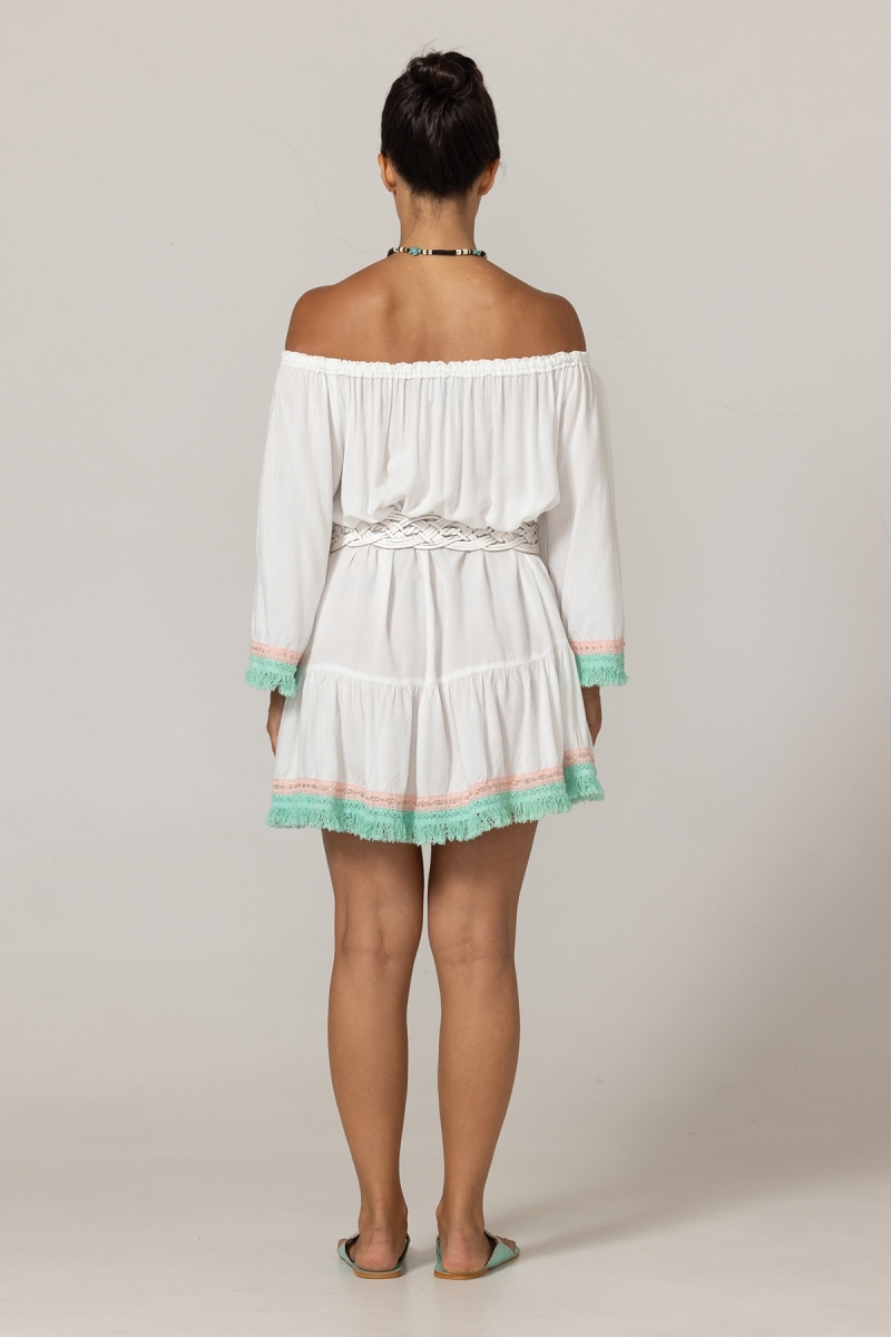 Vestido Curto Azra: branco- peitoral bordado - ombros à mostra - 100% Modal - franjas de algodão - Miss June Paris - 4