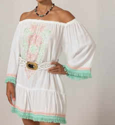 Vestido Corto Azra: blanco - pechera bordada - hombros descubiertos - 100% Modal - flecos de algodón - Miss June Paris - 5