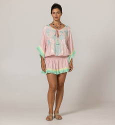 Sejla Short Dress: pink - embroidered bib - 100% Modal - cotton fringes - bohemian touch - Miss June Paris - 3