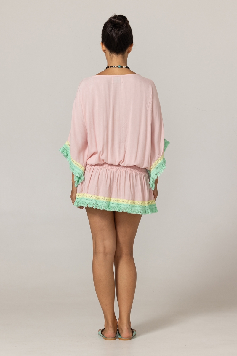 Vestido Curto Sejla: rosa - peitoral bordado - 100% Modal - franjas de algodão - toque boêmio - Miss June Paris - 4