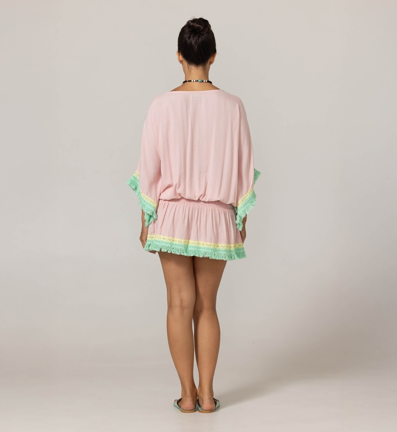 Vestido Curto Sejla: rosa - peitoral bordado - 100% Modal - franjas de algodão - toque boêmio - Miss June Paris - 4