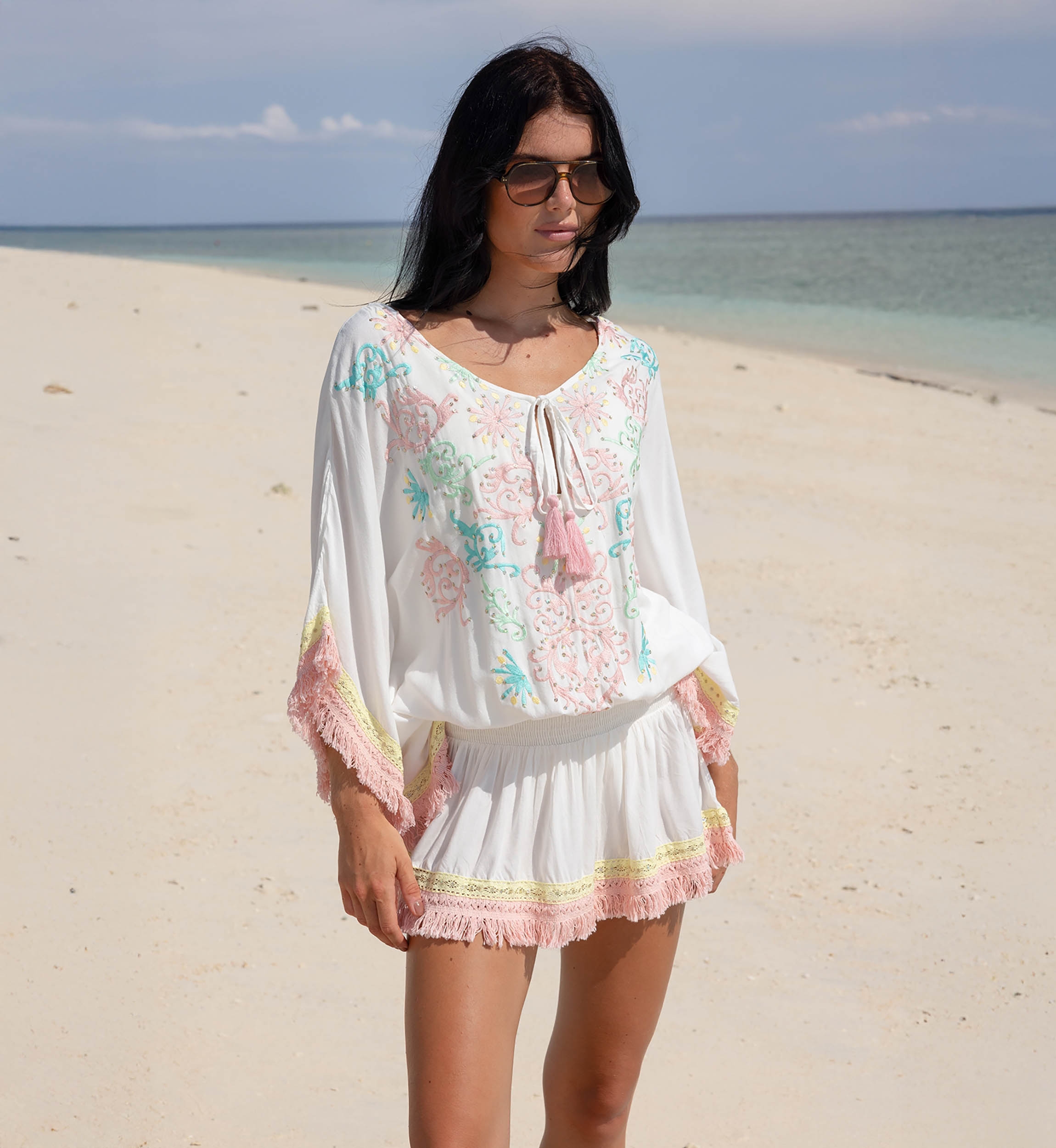 Sejla Short Dress: white - embroidered bib - 100% Modal - cotton fringes - bohemian touch - Miss June Paris - 1