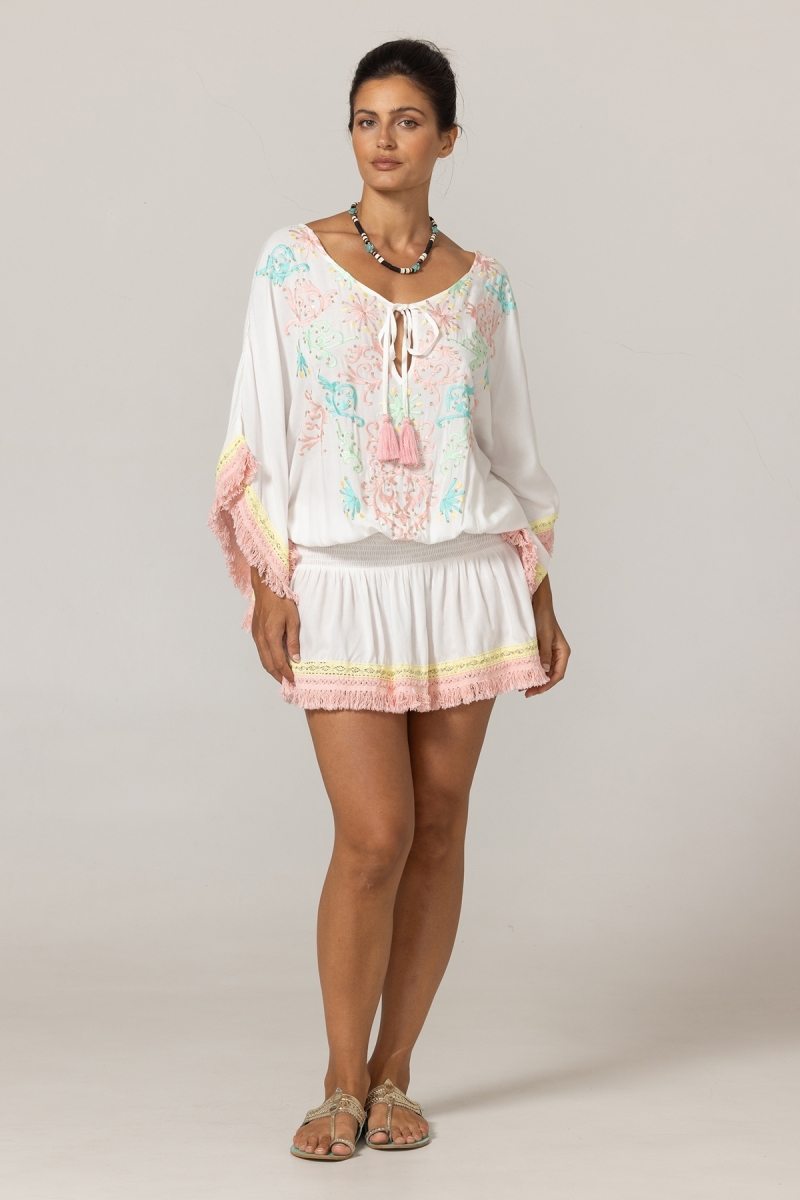 Sejla Short Dress: white - embroidered bib - 100% Modal - cotton fringes - bohemian touch - Miss June Paris - 3