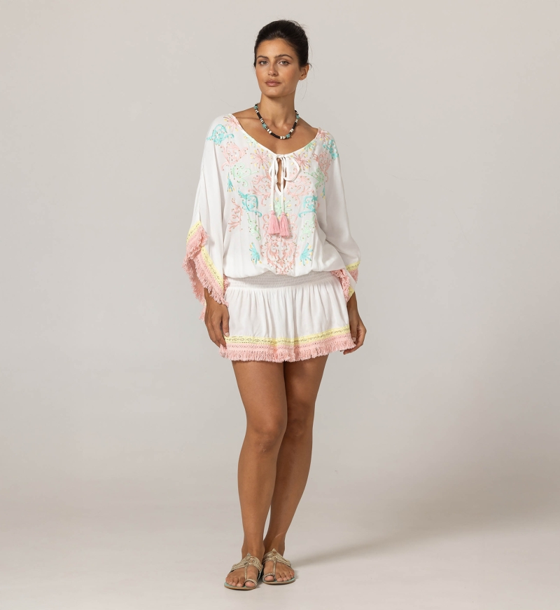 Sejla Short Dress: white - embroidered bib - 100% Modal - cotton fringes - bohemian touch - Miss June Paris - 3