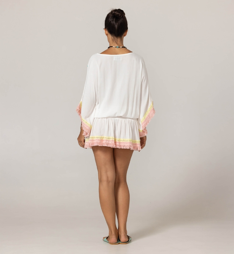 Vestido Curto Sejla: branco - peitoral bordado - 100% Modal - franjas de algodão - toque boêmio - Miss June Paris - 4