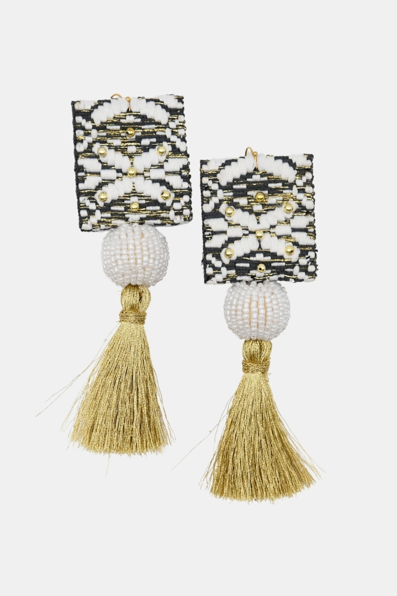 Pendientes colgantes Java – blanco/negro/dorado – hilos de lurex – estilo bohemio – Miss June Paris – 3