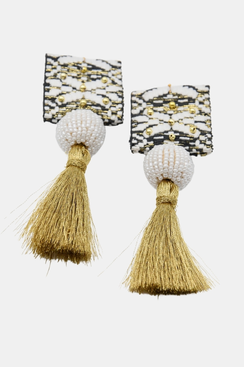 Orecchini pendenti Java – bianco/nero/oro – fili lurex – look boho – Miss June Paris – 5