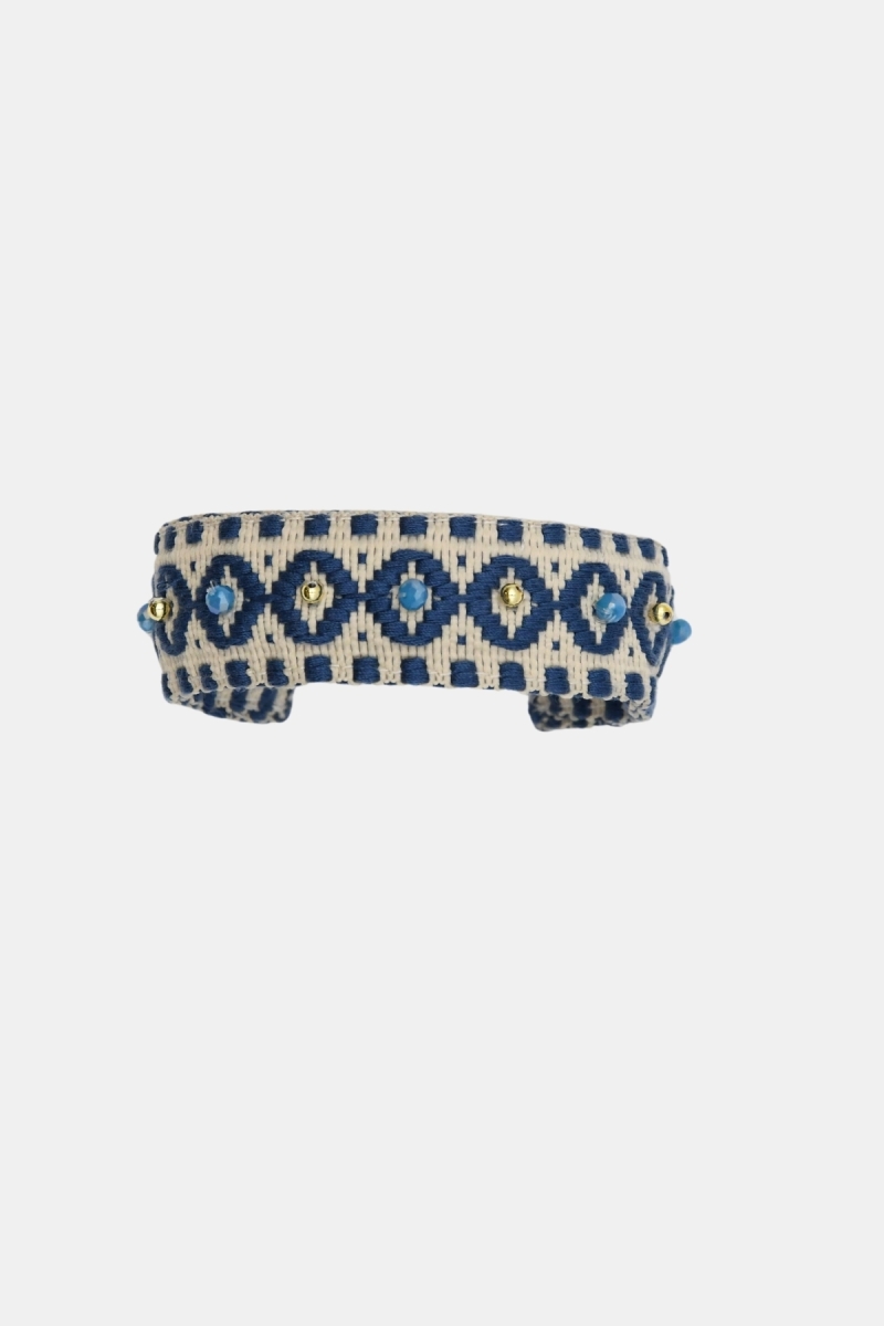 Riviera Cuff Bracelet – White/Blue – Geometric Patterns – Golden Beads – Miss June Paris – 5