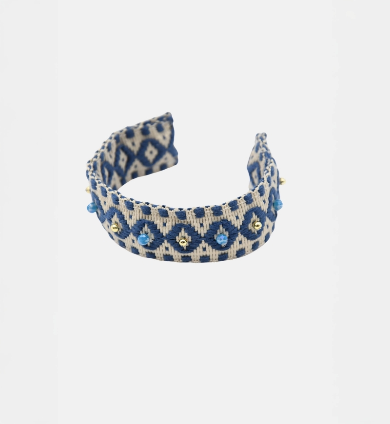 Riviera Cuff Bracelet – White/Blue – Geometric Patterns – Golden Beads – Miss June Paris – 3
