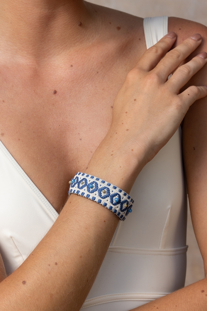 Riviera Cuff Bracelet – White/Blue – Geometric Patterns – Golden Beads – Miss June Paris – 1
