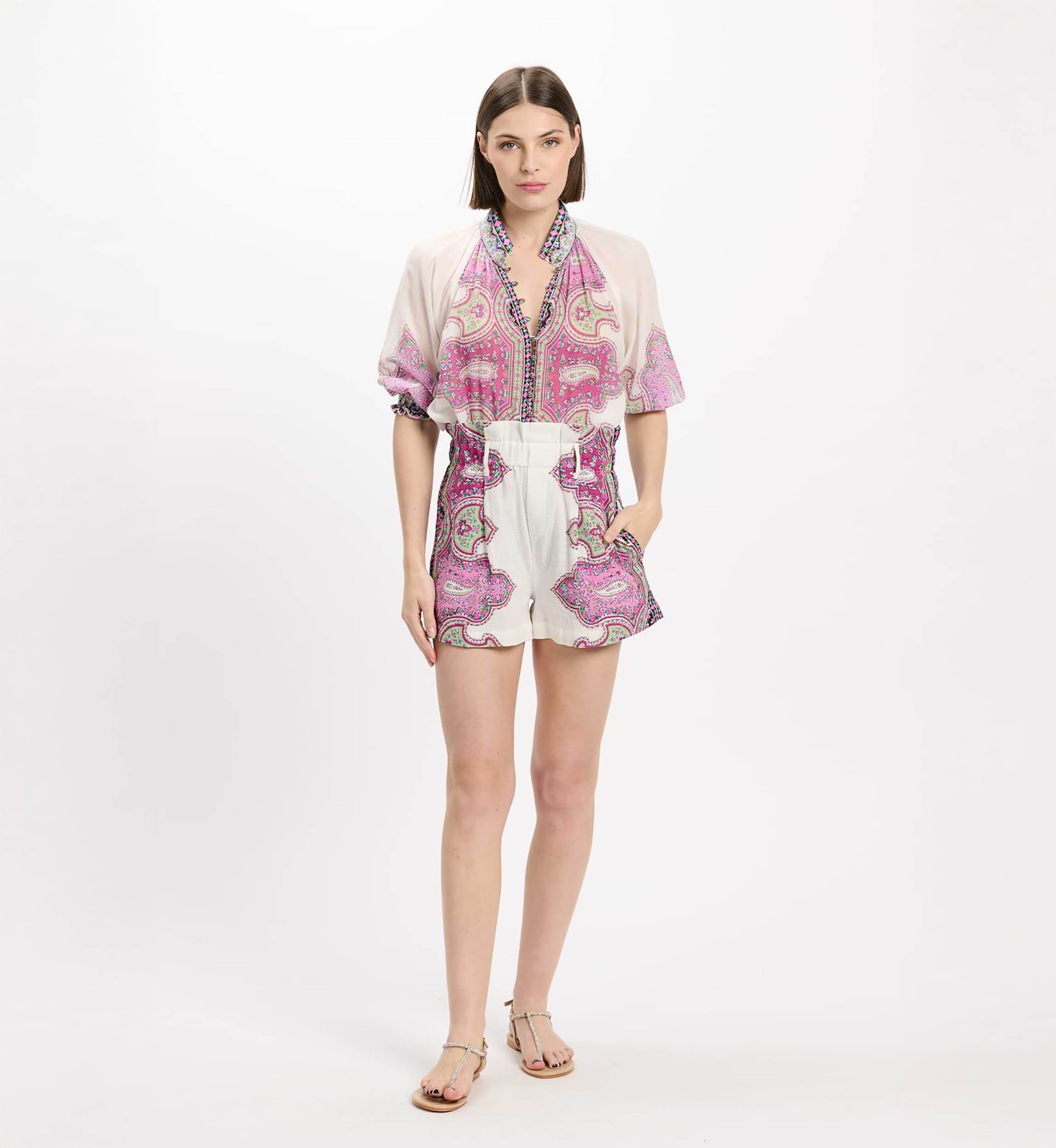 Short Noema – Printed Slub Cotton Shorts with Pockets, 100% Cotton - Miss June Paris - 2