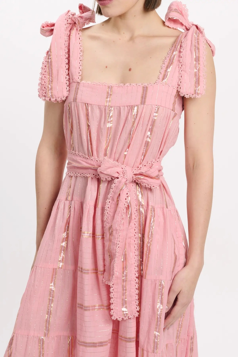 Vestido Aly – Vestido longo com alças e cinto a condizer, 100% algodão com lurex – Miss June Paris - 5