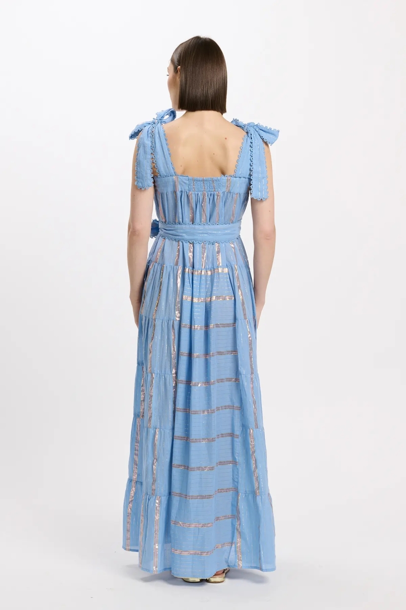 Vestido Aly – Vestido longo com alças e cinto a condizer, 100% algodão com lurex – Miss June Paris - 9
