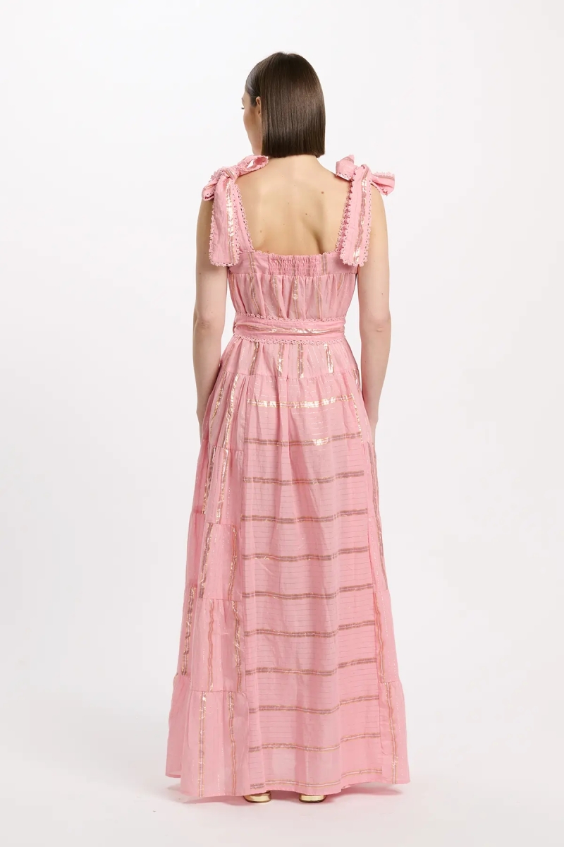 Vestido Aly – Vestido longo com alças e cinto a condizer, 100% algodão com lurex – Miss June Paris - 6
