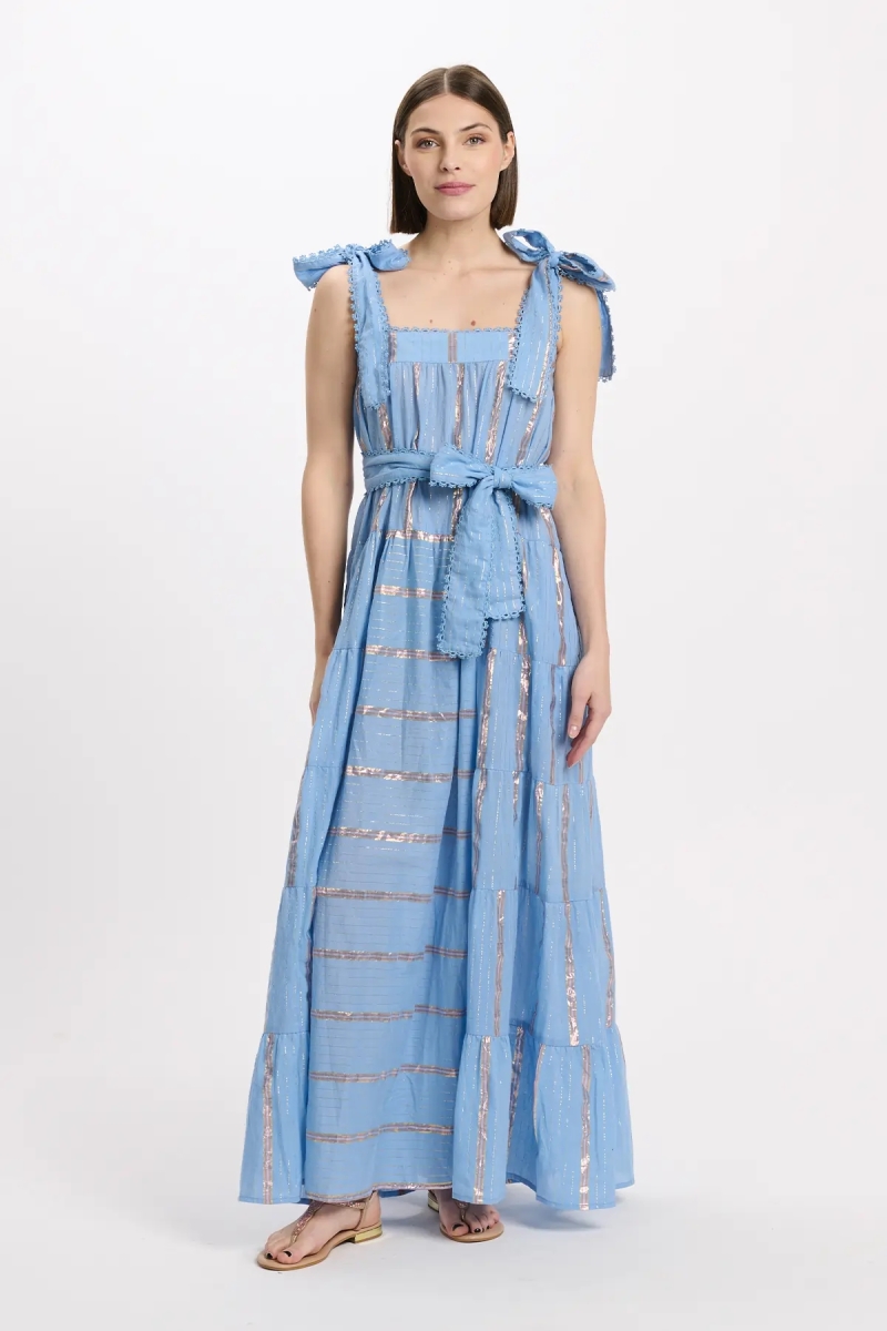Vestido Aly – Vestido longo com alças e cinto a condizer, 100% algodão com lurex – Miss June Paris - 7
