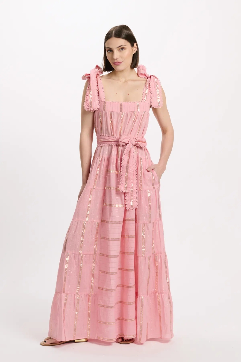 Vestido Aly – Vestido longo com alças e cinto a condizer, 100% algodão com lurex – Miss June Paris - 4