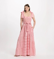 Vestido Aly – Vestido longo com alças e cinto a condizer, 100% algodão com lurex – Miss June Paris - 4