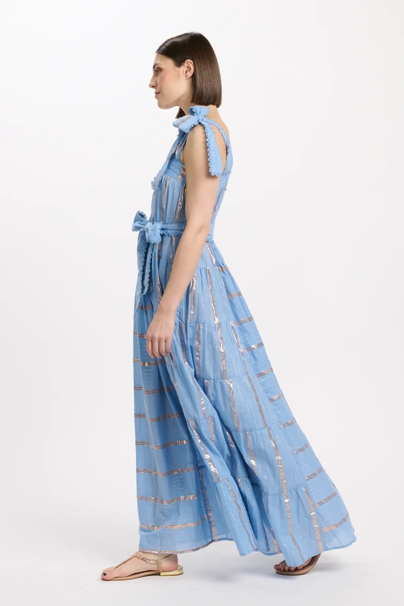 Vestido Aly – Vestido longo com alças e cinto a condizer, 100% algodão com lurex – Miss June Paris - 10