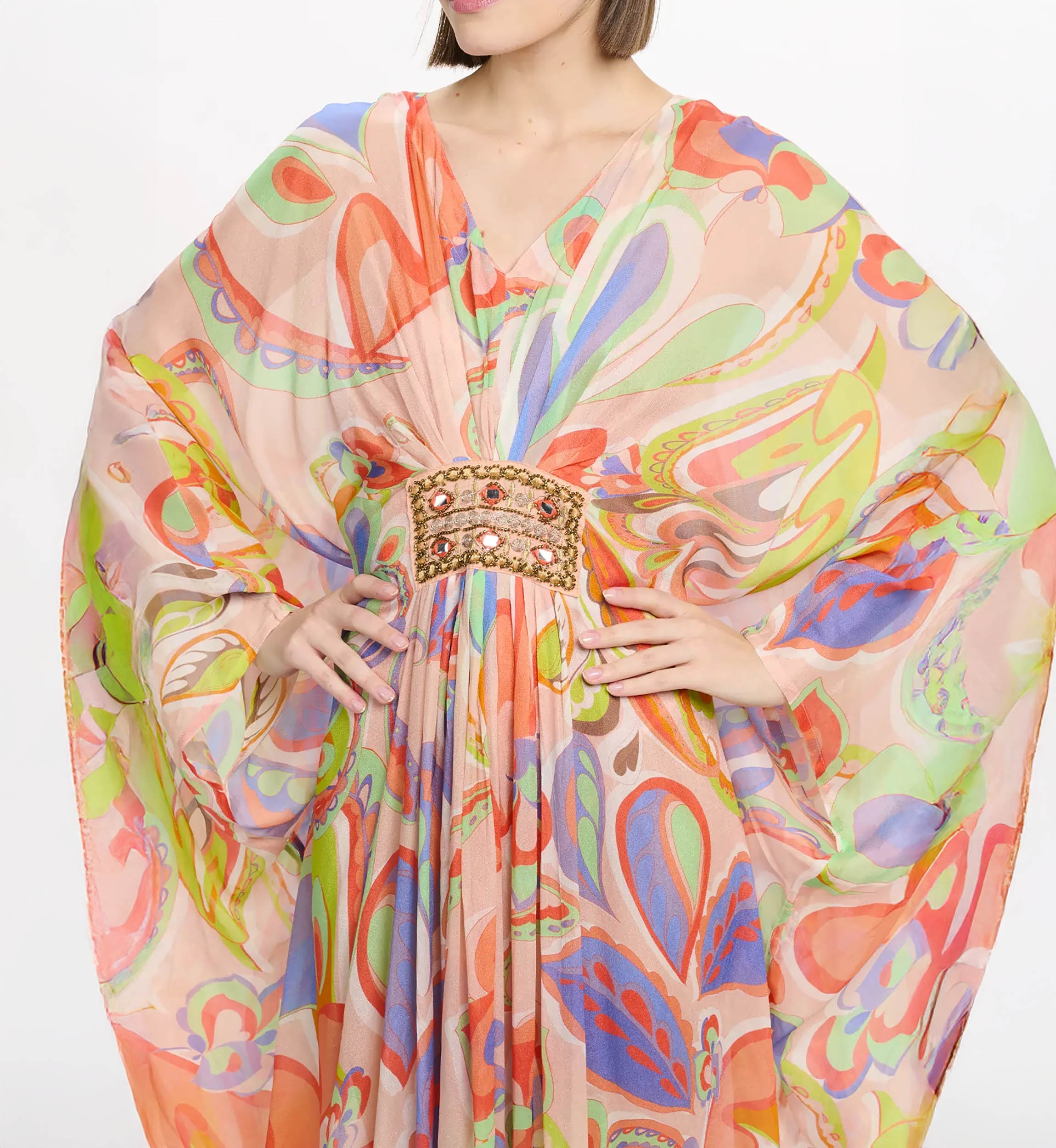 Caftan Varda Long Sleeves Long Kaftan with belt inside, 100% rayon embroidery - Miss June Paris - 3