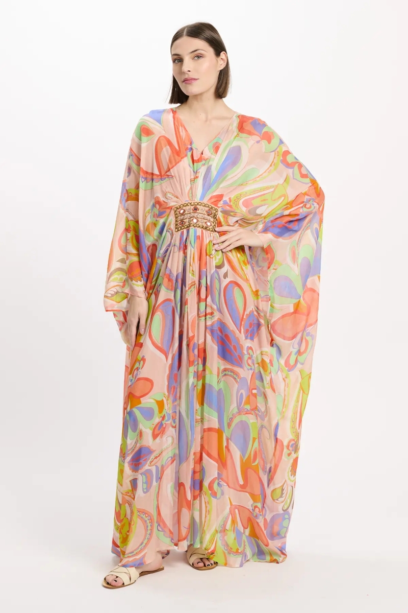 Kaftan Varda – Kaftan longo de mangas compridas com cinto interno, bordado em 100% rayon – Miss June Paris - 2